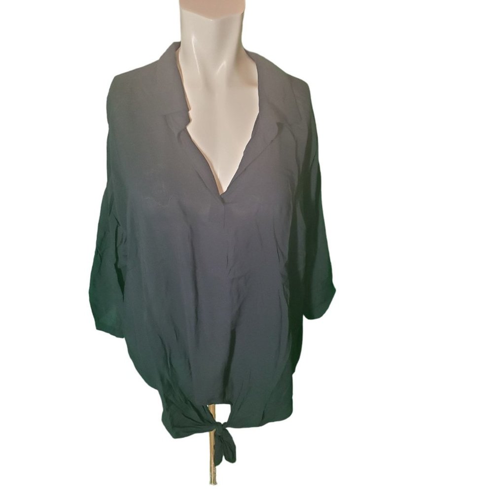 Olive & Oak Navy Blue Blouse Tunic Collar V-neck Tie Front Roll Tab Sleeve sz L